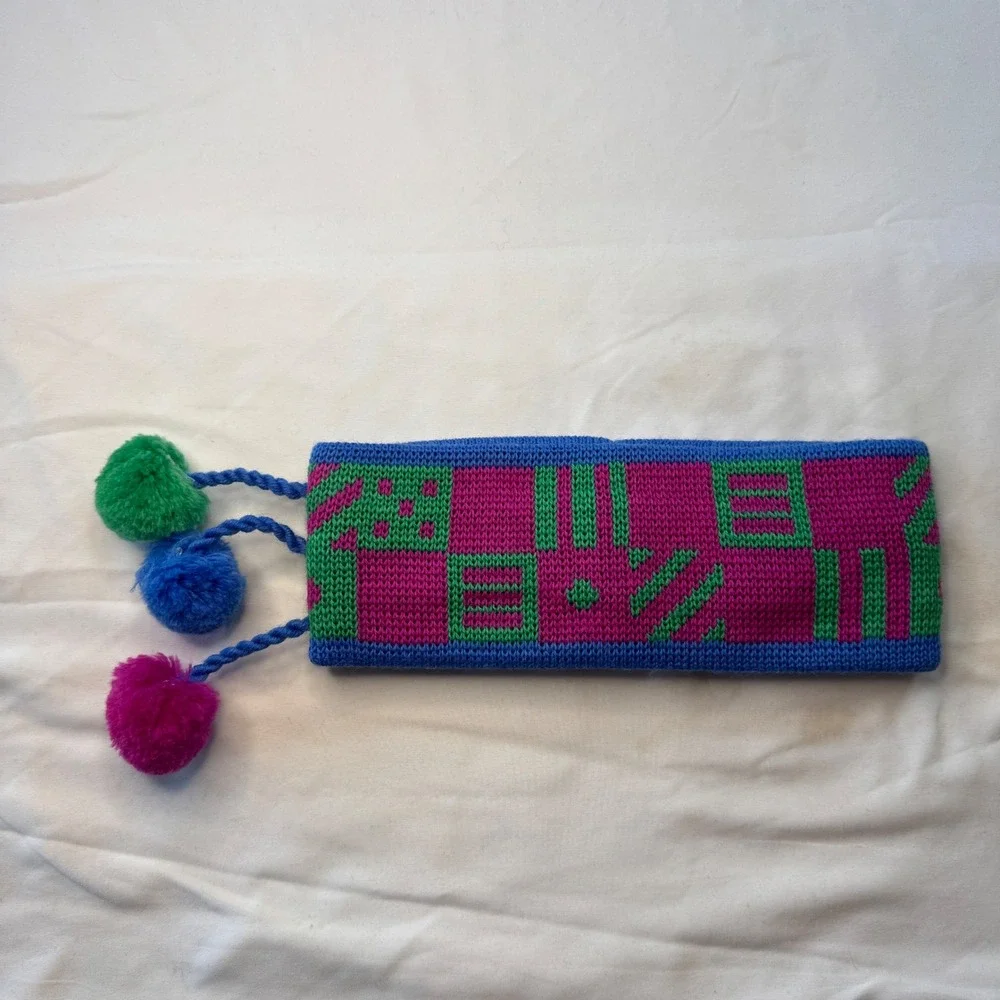 Hanna Anderson Wool Knit‎ Headband Ear Warmer Pom Poms Blue Pink Green